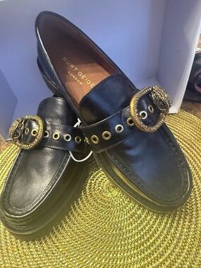 Kurt Geiger Black Leather Loafers with Gold Buckle Detail